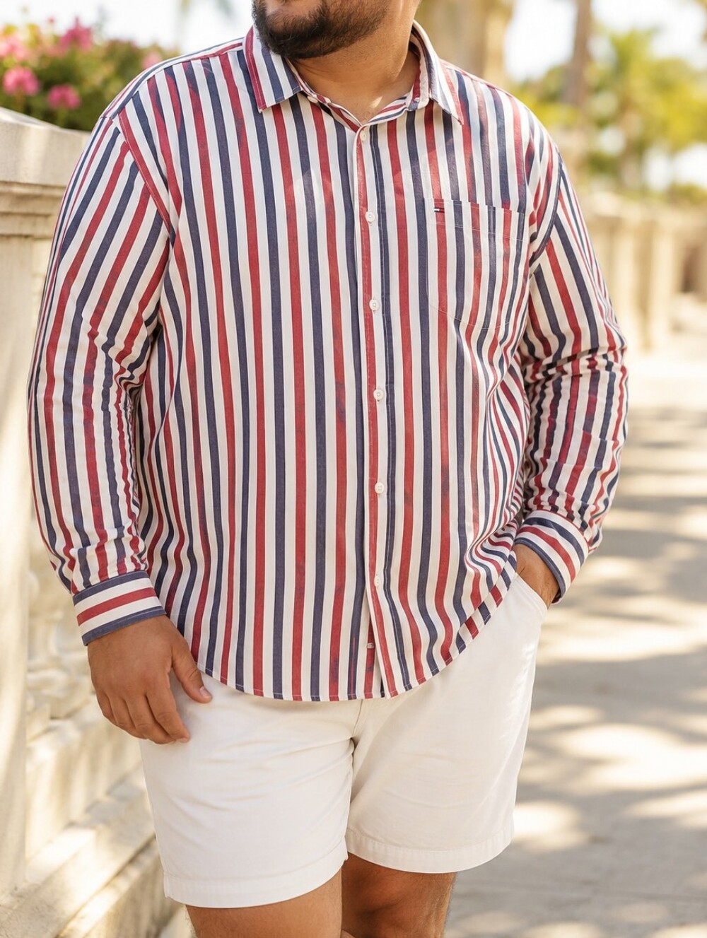 Tommy Hilfiger Plus Size Red White Blue Striped Button Down Shirt Cotton Blend